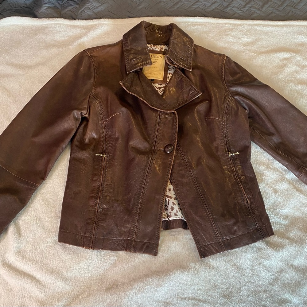 Guess Brown Faux Leather Jacket L